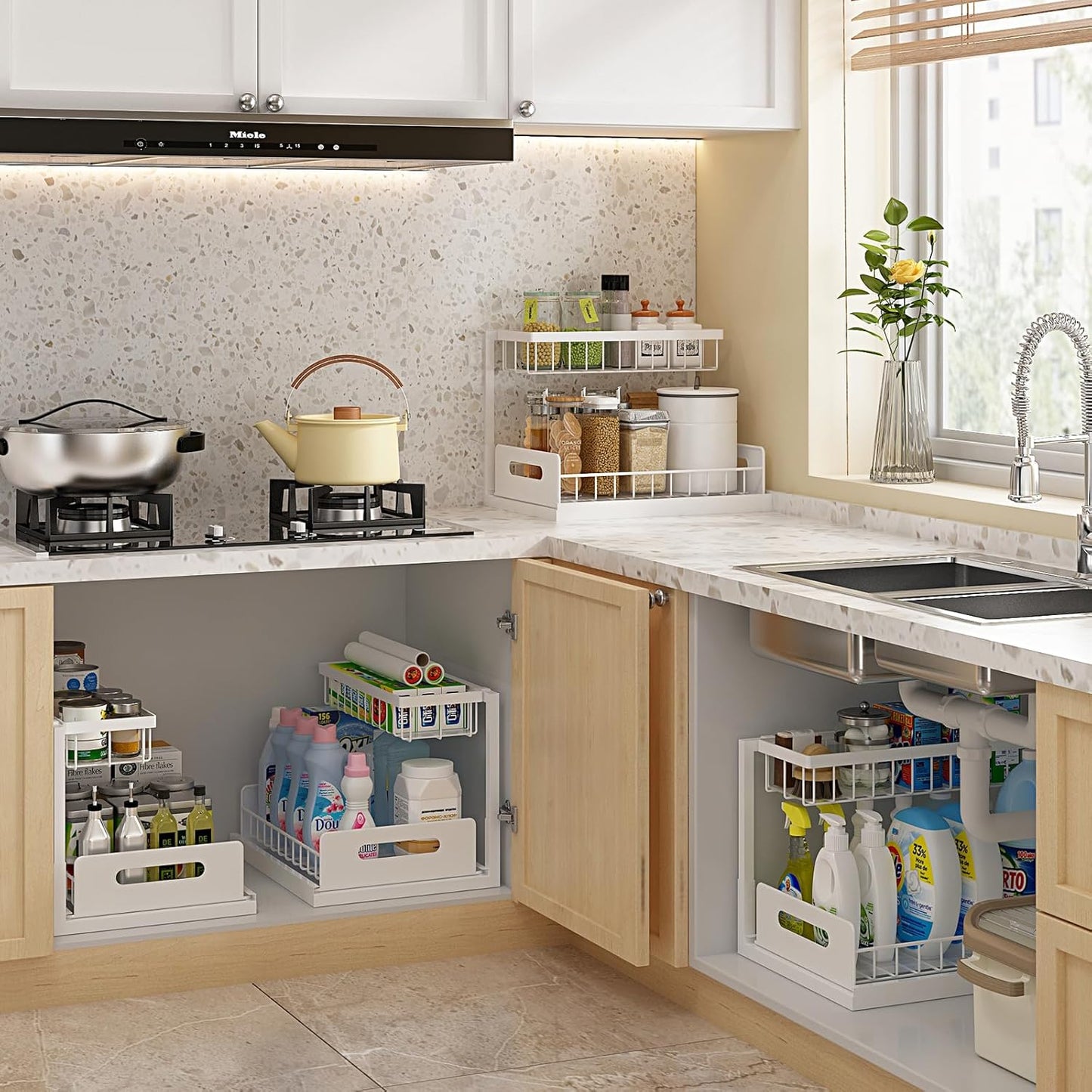 under Sink Organizer, Pull Out Cabinet Organizer 2 Tier Slide Out Sink Shelf Cabinet Storage Shelves, Storage for Kitchen Bathroom, White, 2 Pack