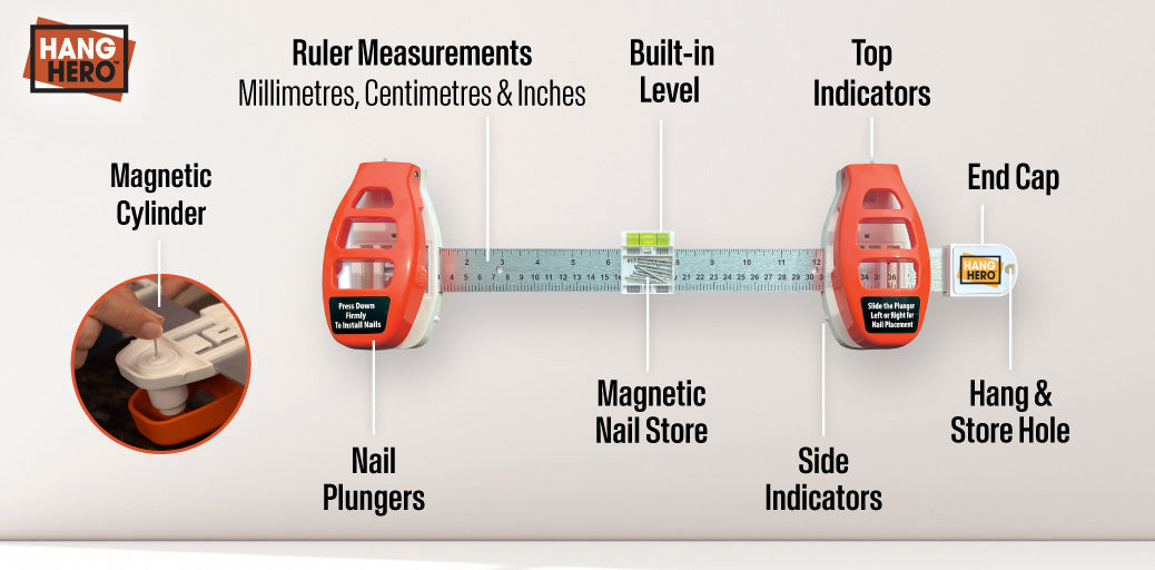 Hang Hero – Precision Picture Hanging Made Easy! Dual-Nail System Measures, Levels, and Drives Nails at the Perfect Angle for Flawless Results. Includes Device + (50) #17 Brad Nails.