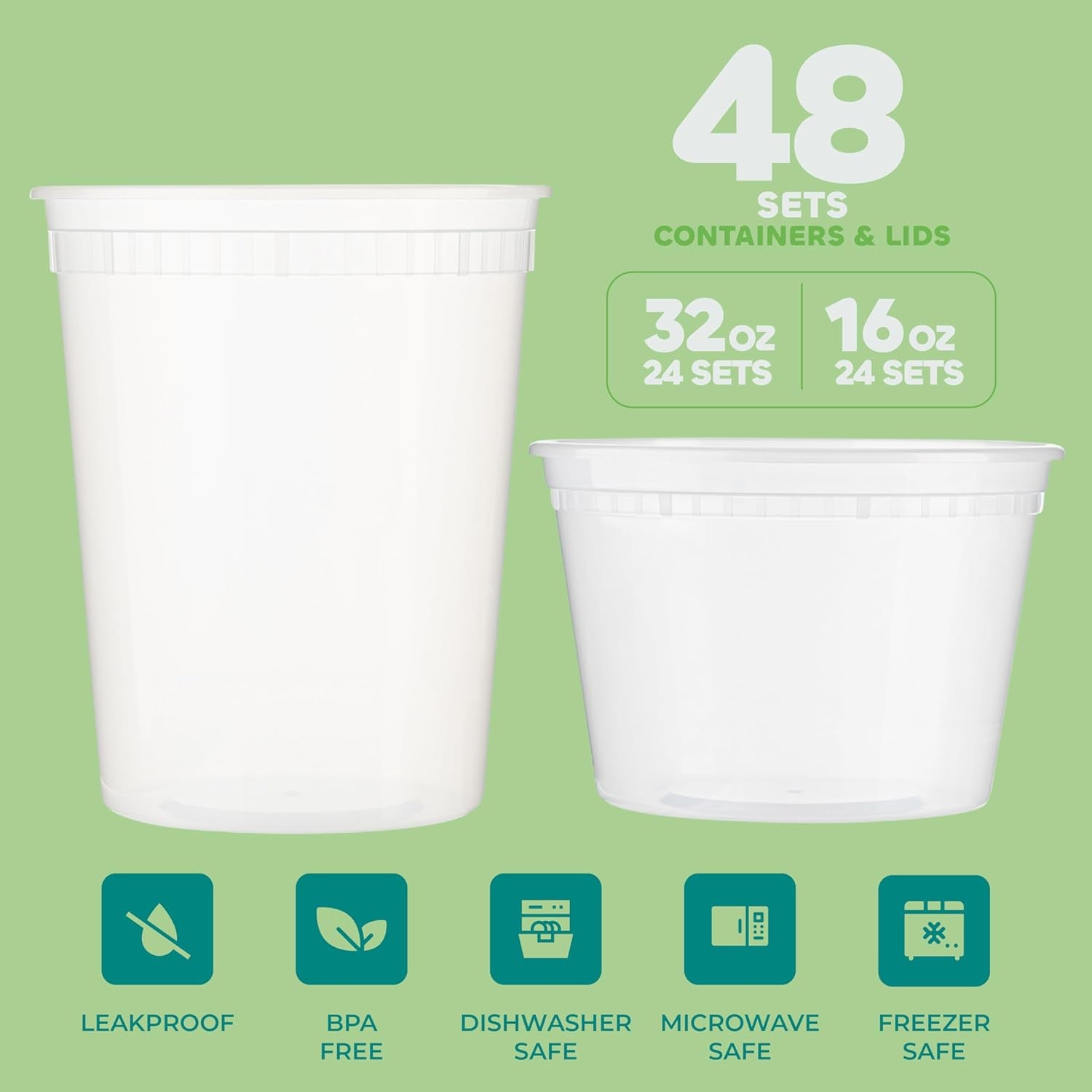 Deli Food Storage Containers with Lids - (48 Sets) 24-32 Oz Quart Size & 24-16 Oz Pint Size Plastic Airtight Takeout Meal Prep Storage, Bpa-Free, Dishwasher, Microwave Safe