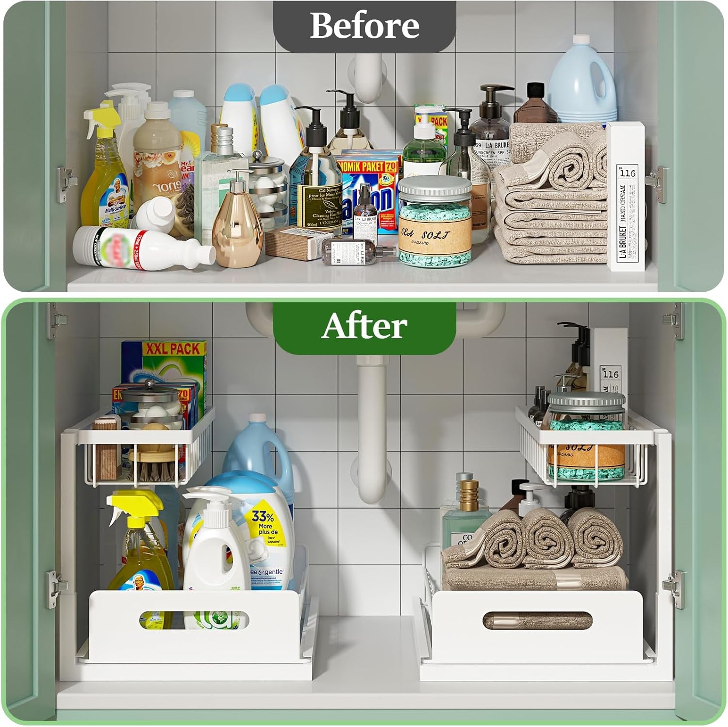 under Sink Organizer, Pull Out Cabinet Organizer 2 Tier Slide Out Sink Shelf Cabinet Storage Shelves, Storage for Kitchen Bathroom, White, 2 Pack