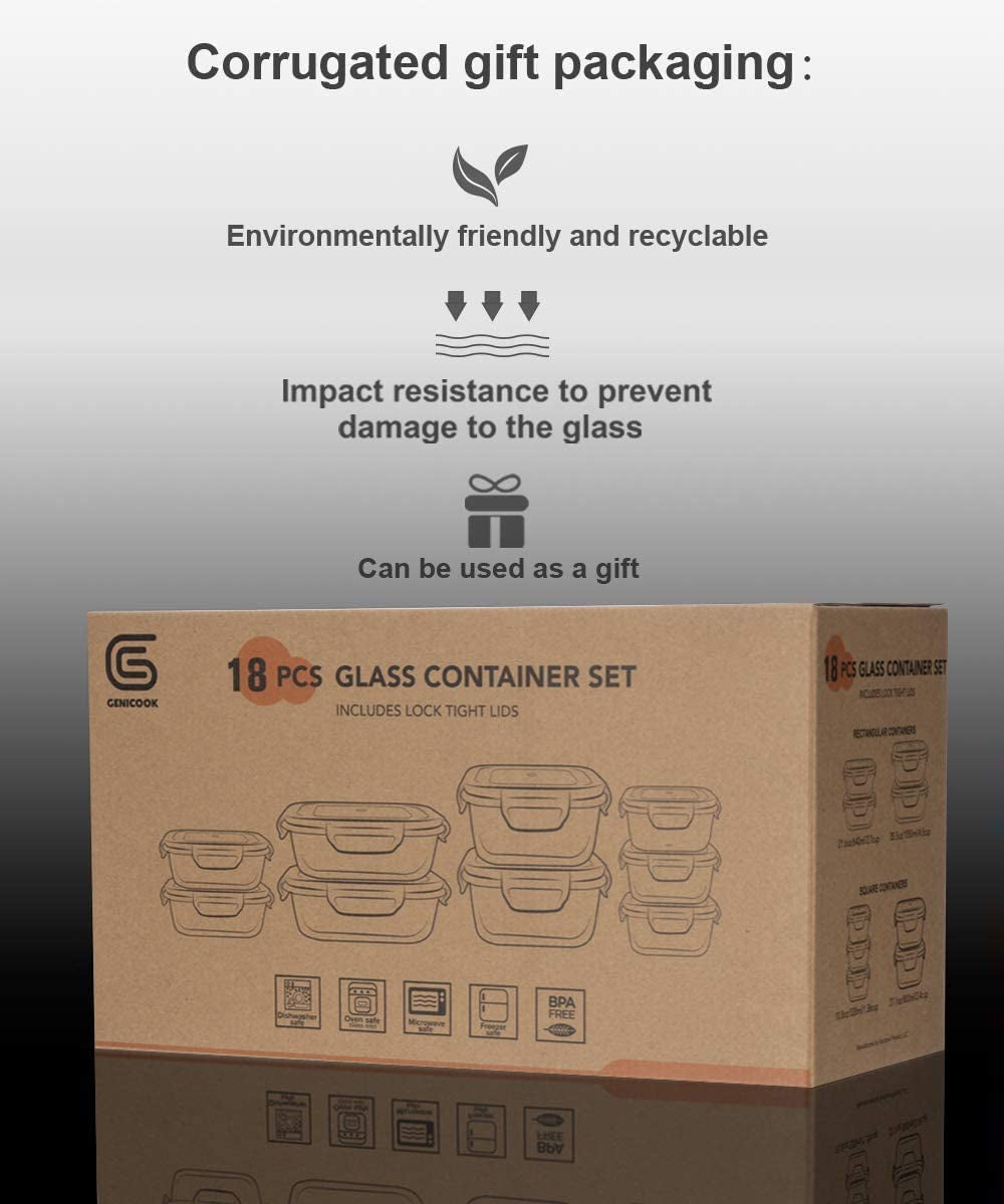 18 Piece Glass Food Storage Containers with Lids, Glass Meal Prep Containers, Food Storage Containers for Food Storage with Lids, BPA Free & Leak Proof (9 Lids & 9 Containers)