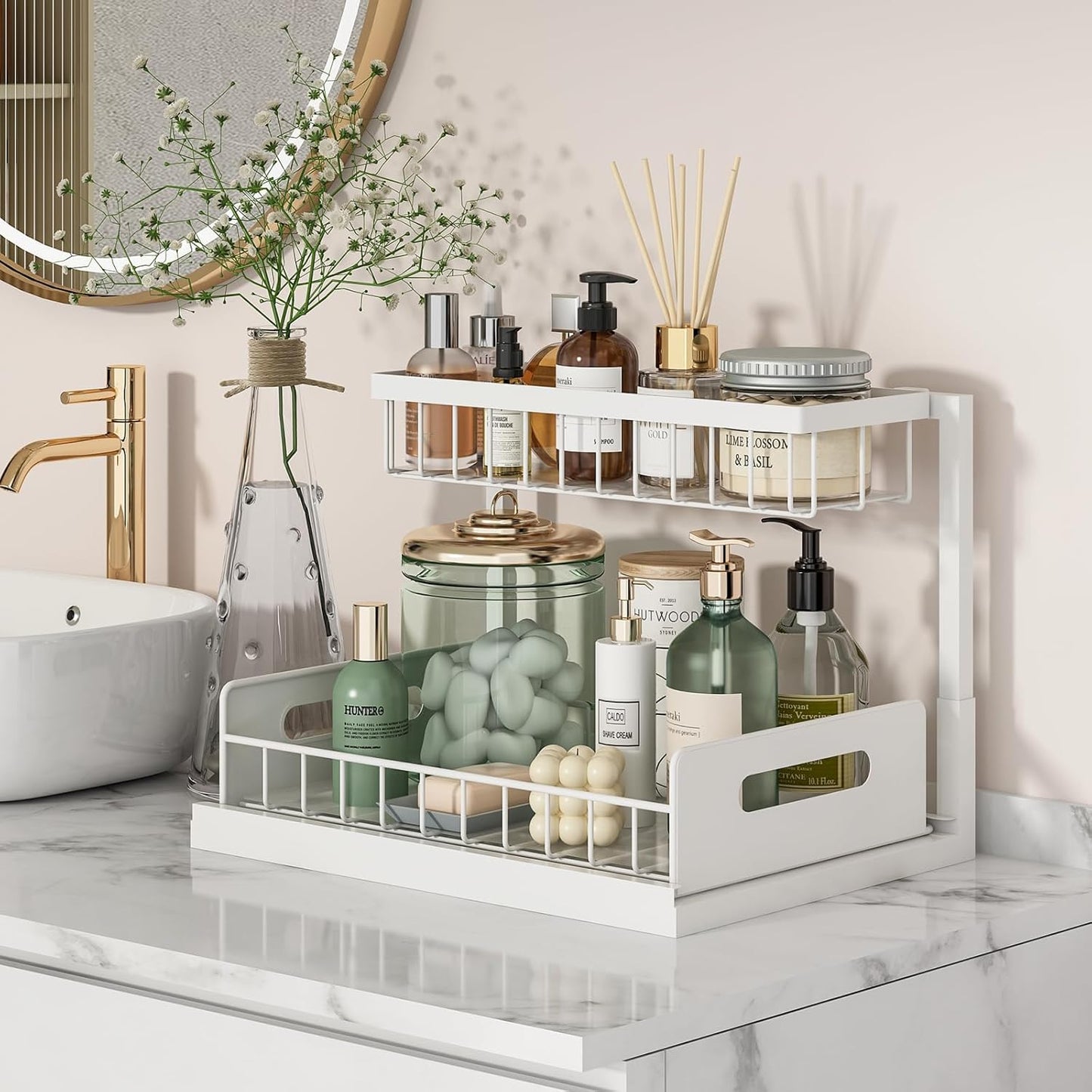 under Sink Organizer, Pull Out Cabinet Organizer 2 Tier Slide Out Sink Shelf Cabinet Storage Shelves, Storage for Kitchen Bathroom, White, 2 Pack