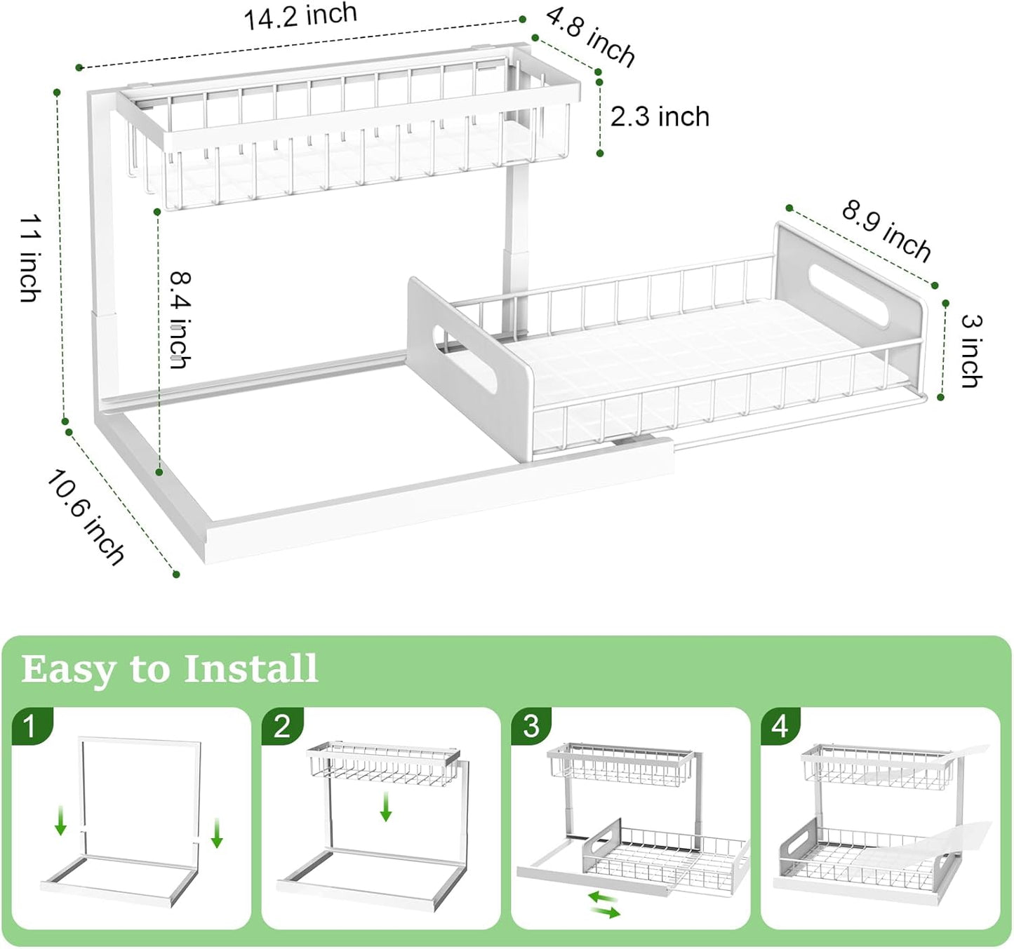 under Sink Organizer, Pull Out Cabinet Organizer 2 Tier Slide Out Sink Shelf Cabinet Storage Shelves, Storage for Kitchen Bathroom, White, 2 Pack