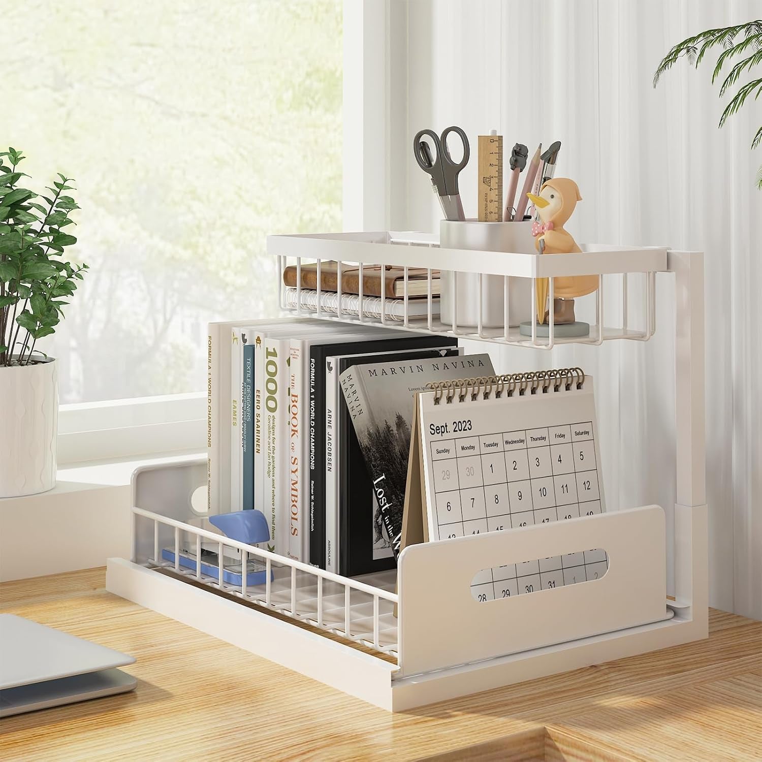 under Sink Organizer, Pull Out Cabinet Organizer 2 Tier Slide Out Sink Shelf Cabinet Storage Shelves, Storage for Kitchen Bathroom, White, 2 Pack