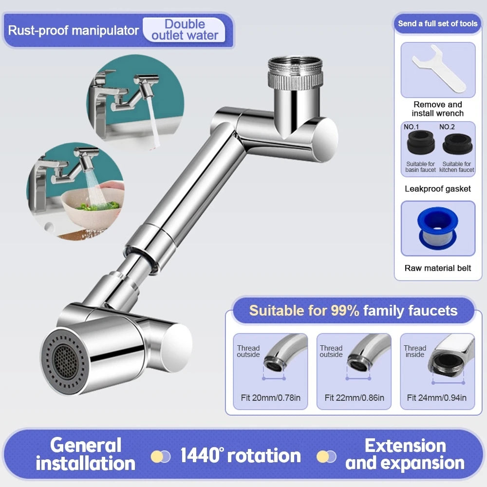 1440° Rotatable Scalable Metal Faucet Aerator Bathroom Tap Splash-Proof Bubbler Faucet Filter Nozzle Tap Saving Water Extender