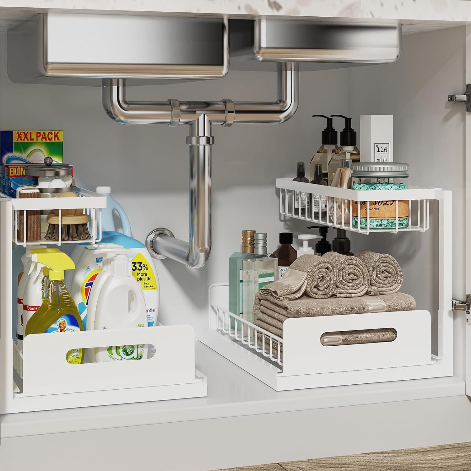 under Sink Organizer, Pull Out Cabinet Organizer 2 Tier Slide Out Sink Shelf Cabinet Storage Shelves, Storage for Kitchen Bathroom, White, 2 Pack