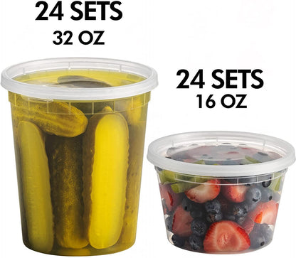 Deli Food Storage Containers with Lids - (48 Sets) 24-32 Oz Quart Size & 24-16 Oz Pint Size Plastic Airtight Takeout Meal Prep Storage, Bpa-Free, Dishwasher, Microwave Safe